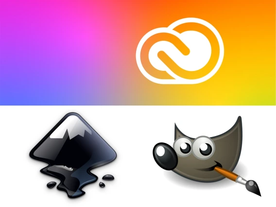 Top half of the image shows a rainbow background behind Adobe Creative Cloud logo; bottom half includes the logos of Inscape and GIMP