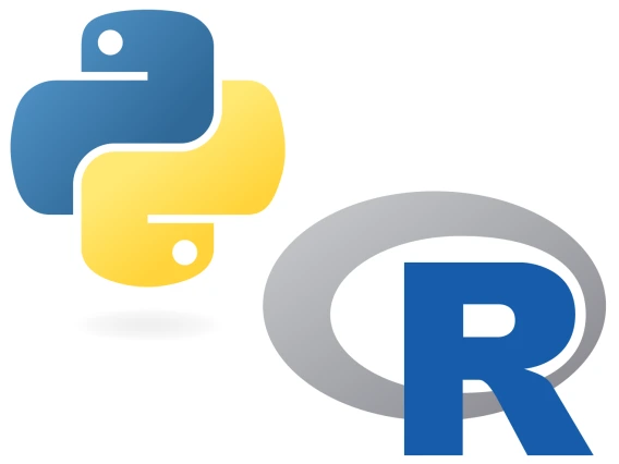 Blue and yellow Python logo and blue and gray R logo